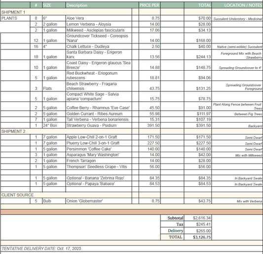 Custom Plant Order - Carpenteria Food Forest