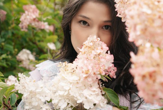 woman with panicle hydrangea flower pink